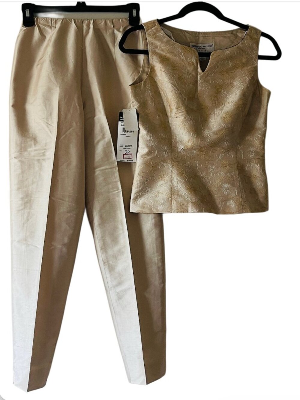 Vintage Donna Ricco Silk Brocade Top & Pants Set Sand Gold Champagne Floral 2P